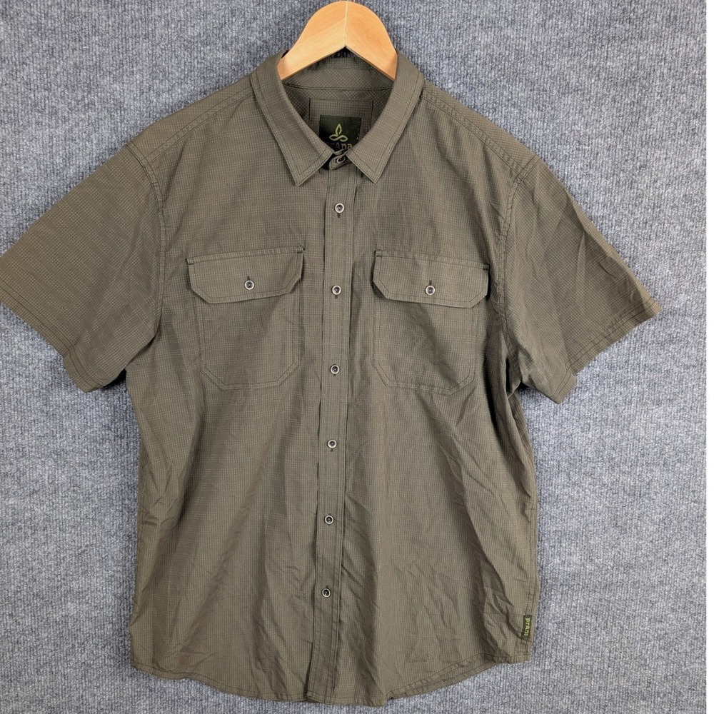 Prana Mens Medium Olive Green Ripstop Short Sleeve Button Down Hiking Shirt